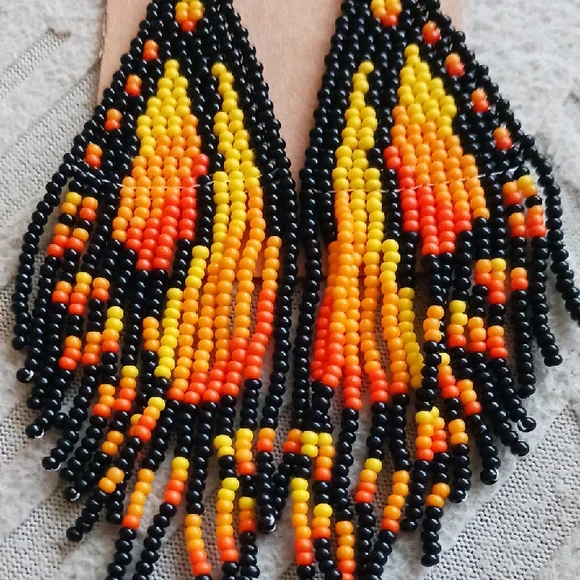 Beaded Monarch Butterfly Wing  Earrings with Black Orange and Yellow Accents - Picture 3 of 3